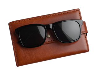 Stylish brown wallet with black sunglasses on transparent background