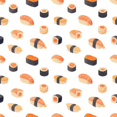 Seamless vector pattern of sushi in pastel colors isolated on a white background. Watercolor sushi rolls. Perfect for packaging, decorating fabrics, wallpaper, or backgrounds.