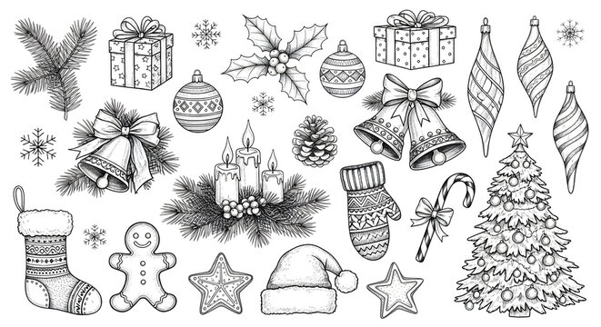 Christmas sketch set isolated on transparent background with various elements