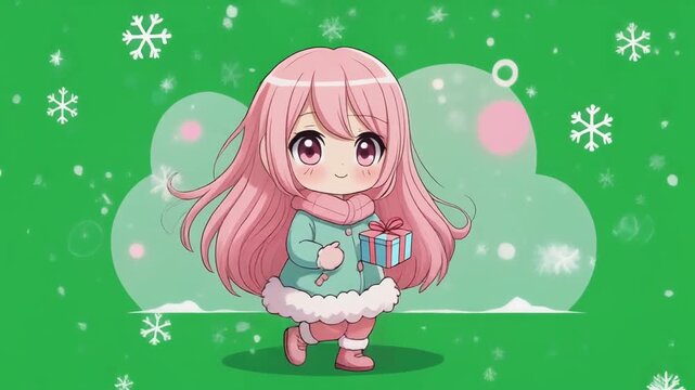 A cute anime-style girl with pink hair and a winter outfit cheerfully carries a small gift box against a festive green background with snowflakes.