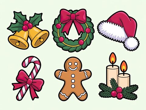 Spread the holiday cheer with this adorable Christmas icon collection featuring a gingerbread man, candy cane, bells, wreath, Santa hat, and candles