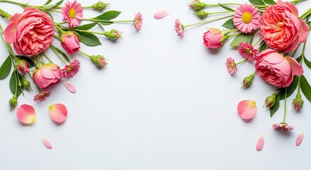 Romantic pink roses and daisies create a stunning floral frame perfect for wedding invitations, springtime promotions, or heartfelt messages