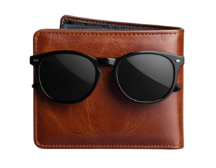 Stylish brown wallet with black sunglasses on transparent background