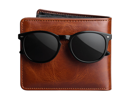 Stylish brown wallet with black sunglasses on transparent background