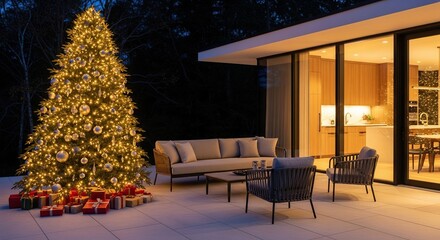 Luxury outdoor Christmas celebration with gifts and illuminated tree on a modern patio, perfect for holiday marketing and festive designs this season