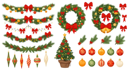Festive christmas decorations isolated on transparent background for holiday season