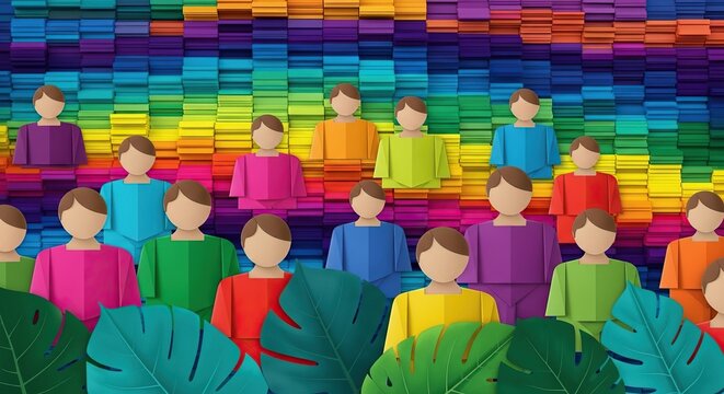 Diverse team concept showcasing colorful unity, perfect for inclusive workplace themes and celebrating community engagement with vibrant rainbow backdrop