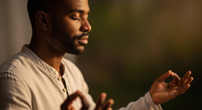 Calm young man meditating with closed eyes in warm natural light, symbolizing mindfulness, stress relief, inner balance, and mental wellness. Ideal for wellness brands, therapy content, self-care, and - Powered by Adobe