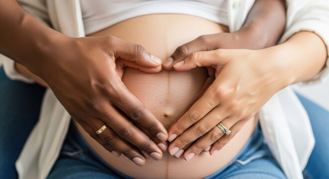 Close-up of pregnant belly with couple’s hands forming a heart, symbolizing love, family, parenting, maternity care, and prenatal support. Perfect for healthcare, parenting blogs, fertility, and famil - Powered by Adobe