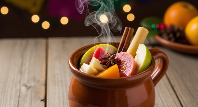 Warm ponche for Las Posadas with fresh fruit and spices in festive clay mug. Celebrating Las Posadas with hot, traditional punch, featuring star anise, cinnamon sticks, and chunks of apple, orange,