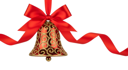 Elegant christmas bell with red ribbon isolated on transparent background