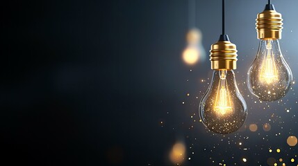 Two vintage Edison light bulbs with glowing filaments and golden bases are suspended against a dark background with scattered bokeh lights.