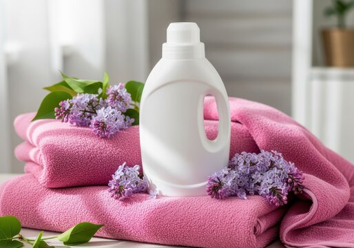 A close-up shot of a bottle of laundry detergent on top of folded pink towels with lilac flowers. - Powered by Adobe