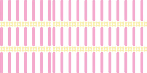 A repeating pattern of pink vertical rectangles separated by rows of yellow circles on a white background