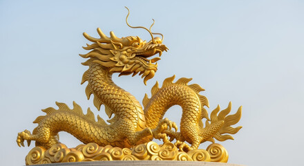 Fototapeta premium Golden dragon statue on base with cloud, cultural Lunar New Year celebration. Depicting dragon statue symbolizes fortune, prosperity, and power for this Lunar New Year.