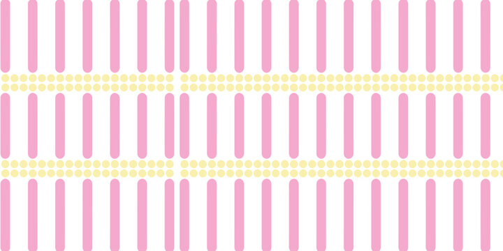 A repeating pattern of pink vertical rectangles separated by rows of yellow circles on a white background