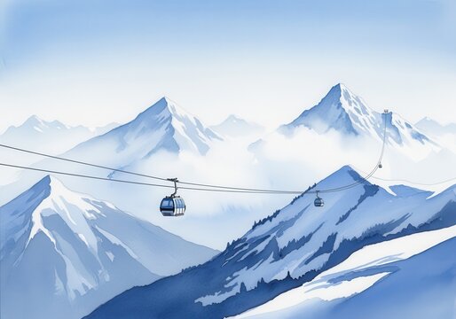 Watercolor painting of a mountain range with cable cars, snow, and a clear sky, capturing a serene winter scene. - Powered by Adobe