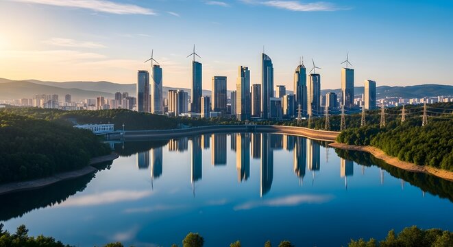 Cityscape reflecting in a lake with wind turbines and mountains in the background at sunset hour