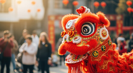 Vivid lunar new year celebration with a striking red lion dance performance in city street.