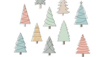 A collection of minimalist pastel-colored Christmas trees with various shapes and simple designs on a white background.