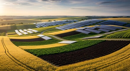 Aerial view of solar panels on rolling hills with fields and crops under a cloudy sky at sunset