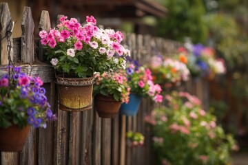 Colorful flower pots hang on a rustic wooden fence