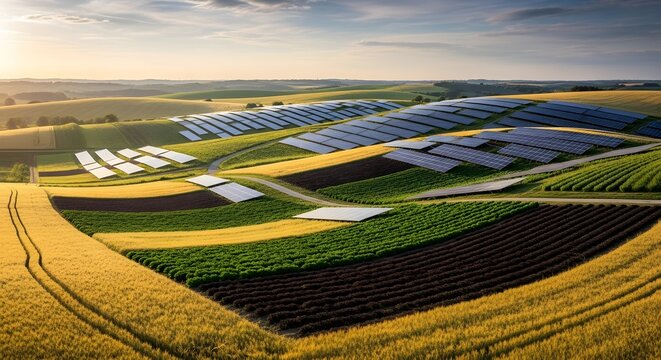 Aerial view of solar panels on rolling hills with fields and crops under a cloudy sky at sunset