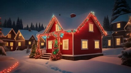 Charming red cabin house illuminated with festive Christmas lights in a snowy winter village at night - Powered by Adobe