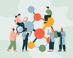 Diverse team of scientists collaborating on molecular structure research