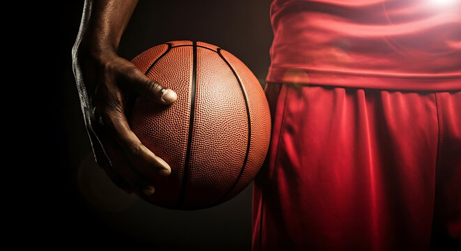 Intense basketball player gripping ball tightly in dramatic spotlight ready for victory or champion shot in red uniform with powerful grip