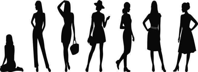 Set of fashion woman silhouettes, female models posing in dresses and casual clothes, vector illustration isolated on white background