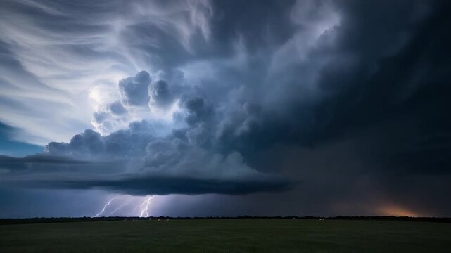 An awe-inspiring supercell thunderstorm unleashes a powerful lightning bolt over a vast, dark prairie landscape at night