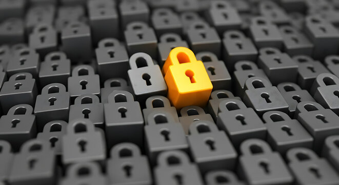 Protect your data with secure lock technology, a vibrant yellow padlock stands out, ensuring your cybersecurity and privacy in a gray landscape of threats.