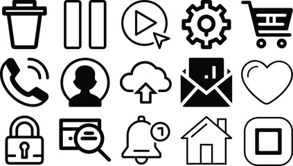 A grid of various common interface icons including trash, pause, play, settings, cart, phone, user, cloud, email, heart, lock, search, bell, home, and stop.
