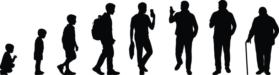Male life cycle silhouette set, baby to elderly man with cane, human aging stages, vector illustration isolated on white background
