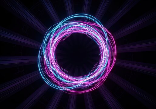 Abstract artwork featuring a glowing, swirling vortex of blue and purple light against a dark background.