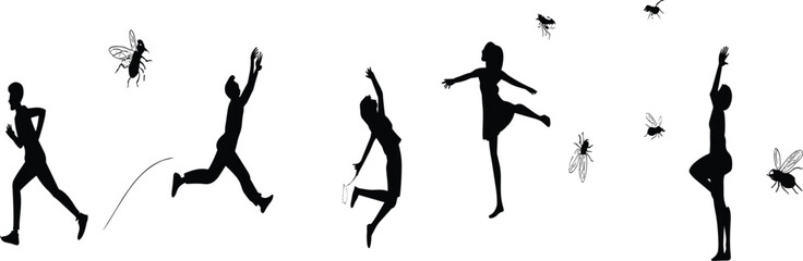 Silhouette set of people running from flying insects, men and women jumping panic, bug attack vector illustration isolated on white