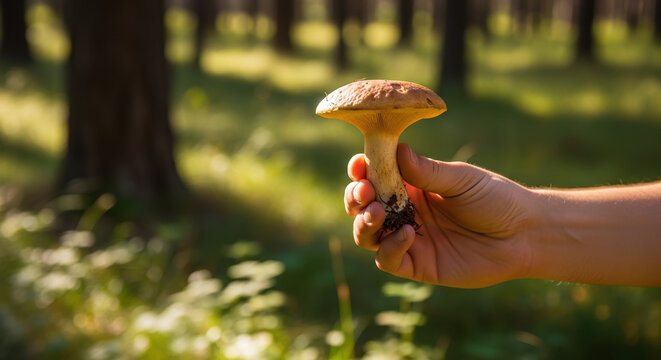Mushroom picking in forest, detail of hand holding mushroom. Mushroom picking is popular autumn activity. Conceptual mushroom picking for culinary blog, forest adventure, nature exploration.