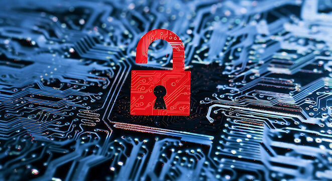 Cybersecurity vulnerability alert with unlocked padlock on circuit board, a symbol of data breach and digital risk in the connected world of technology