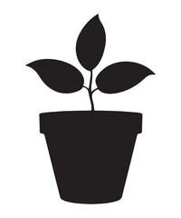 Simple black silhouette of a small plant growing in a pot silhouette