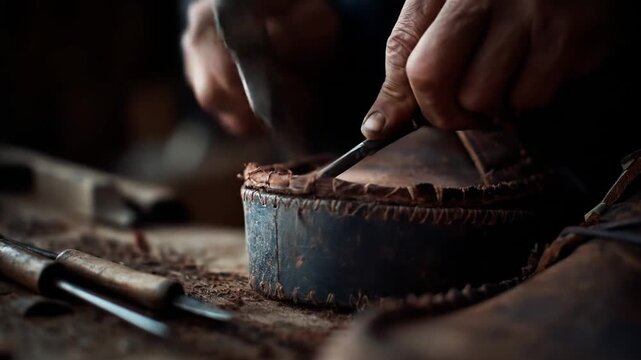 A close-up view of a person using tools to work with leather. Focus is on hands and craft