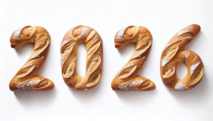 Writing the Year 2026 with French Baguette, 2026 Baguette Bread Typography on White Background &ndash; Artisan Bakery Art, Writing the Year 2026 with Bread, 2026 Bread Typography on White Background &ndash; Rusti