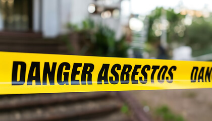 Caution tape warns of asbestos danger, highlighting the risks of exposure and need for professional remediation in older buildings and construction sites
