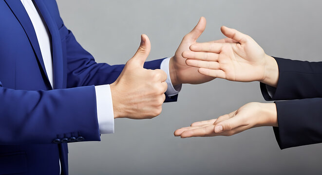 Business deal approved with a thumbs up and open hands ready for partnership, conveying trust, agreement, and collaborative success for a bright future