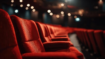 Empty red velvet theater seats in a darkened auditorium