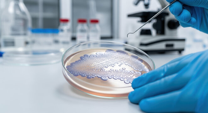 Mycoplasma pneumonia on petri dish for scientific study. Mycoplasma pneumonia bacteria are isolated, with research scientist using a needle for examination.