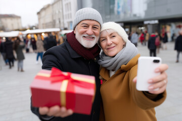 photo of a happy senior couple taking a selfie while holding christmas gifts at the city square during winter, with many people around and a shopping center in the background. capt
