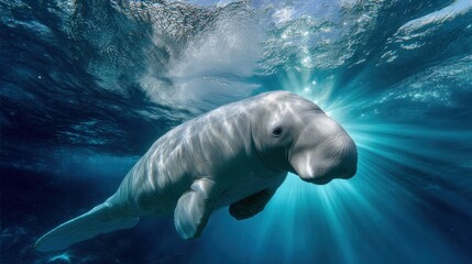 Naklejka premium Underwater view of a manatee swimming with bright sunlight and bubbles