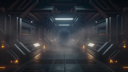 Sci-fi corridor illuminated by neon lights, depicting futuristic architecture, and subtle volumetric fog for dramatic atmosphere, rendering.