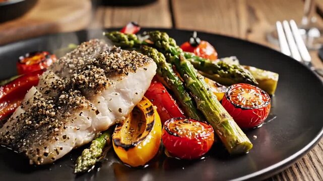 Pepper Crusted White Fish Fillet with Grilled Asparagus and Roasted Tomatoes